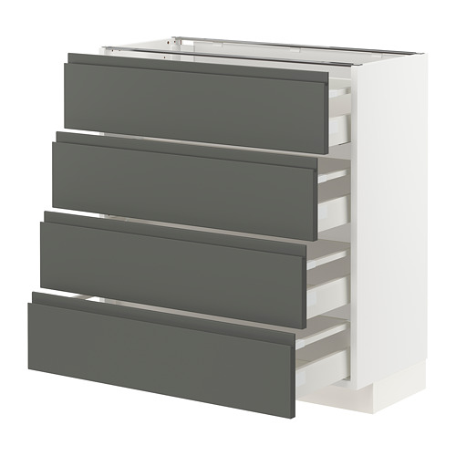 Gray drawer fronts on white kitchen cabinet, modern and sleek design, with integrated handles and self-closing drawers.