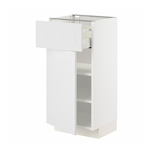 White METOD kitchen cabinet with medium drawer, smooth surface and adjustable shelves.