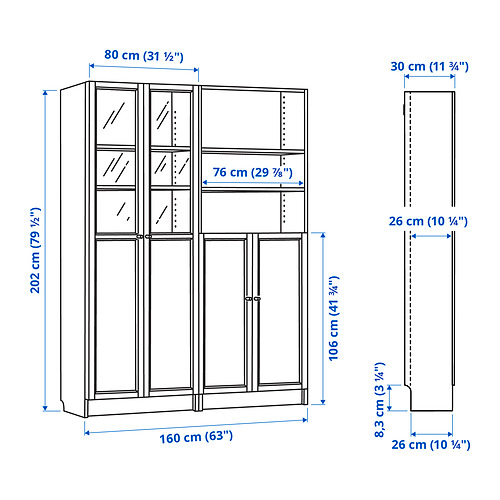 Measurement Illustration - BILLY/OXBERG bookcase with panel/glass doors