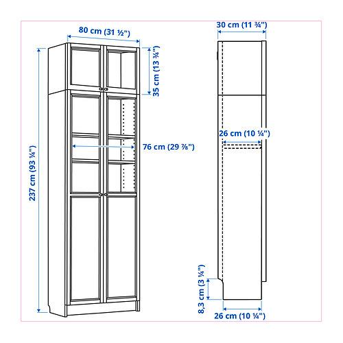 Measurement Illustration - BILLY bookcase with higueht extendable and /pannel/glass doors