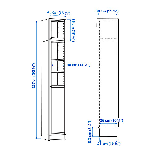 Measurement Illustration - BILLY/OXBERG bookcase whit extendable unit and glass door
