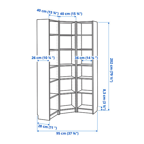 Measurement Illustration - BILLY corner bookcase