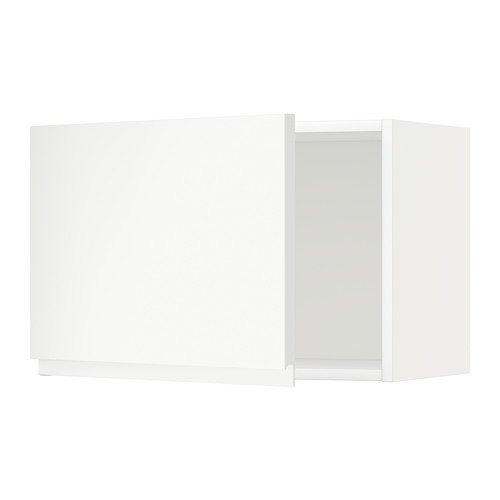 Esta imagen muestra un mueble de cocina blanco del sistema METOD de ikea. Es un diseño minimalista con una sola puerta y líneas limpias.