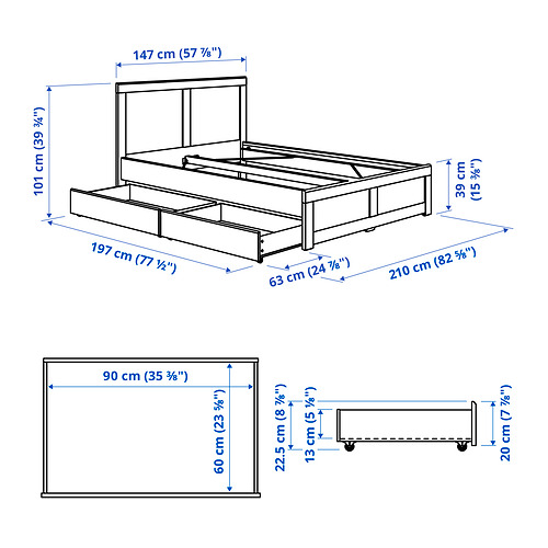 Measurement Illustration - FÅGELFJÄLLET bed frame with 2 storage boxes