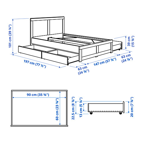 Measurement Illustration - FÅGELFJÄLLET bed frame with 4 storage boxes