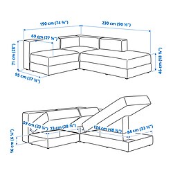 Ilustración de medidas - JÄTTEBO sofá modular esquina 2.5 plaza con chaiselongue derecha