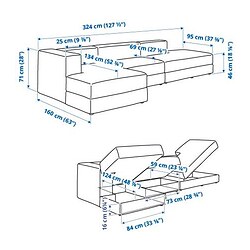 Ilustración de medidas - JÄTTEBO sofá modular 3.5 plazas con chaiselongue