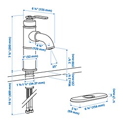 Ilustración de medidas - TAKSJÖN grifo de baño+palanca superior