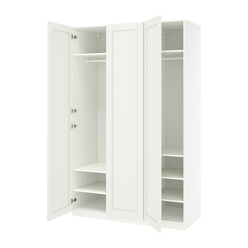 A white ikea PAX wardrobe with open doors, revealing empty shelves and a hanging rod inside.