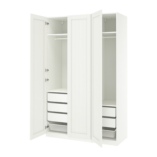 PAX white wardrobe with open doors, displaying storage shelves and drawers.