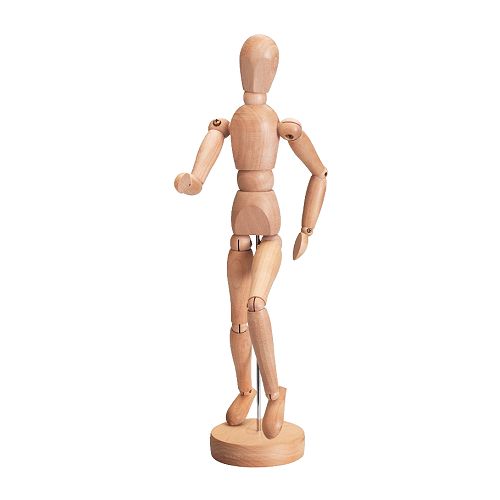 Un maniquí de madera GESTALTA, de color natural, fabricado en madera maciza con articulaciones regulables, apoyado sobre una base redonda.
