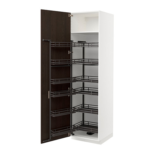 Open white kitchen cabinet with dark brown pull-out shelves.