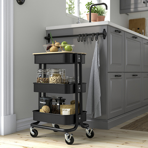 Carro RÅSKOG negro: almacenamiento de cocina de 3 niveles con ruedas.