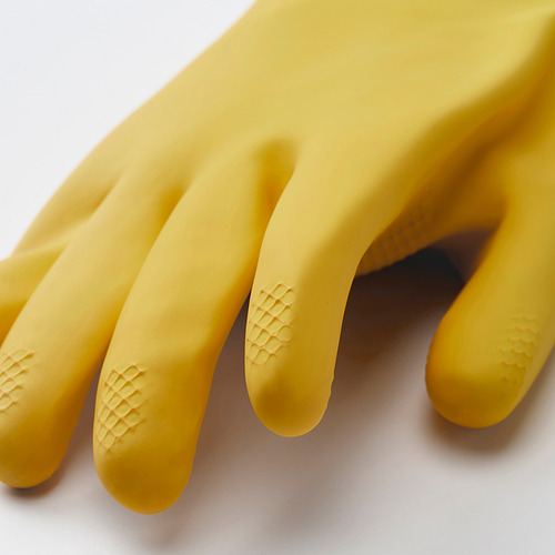 Guantes amarillos con agarres texturizados, duraderos, flexibles; fondo blanco.