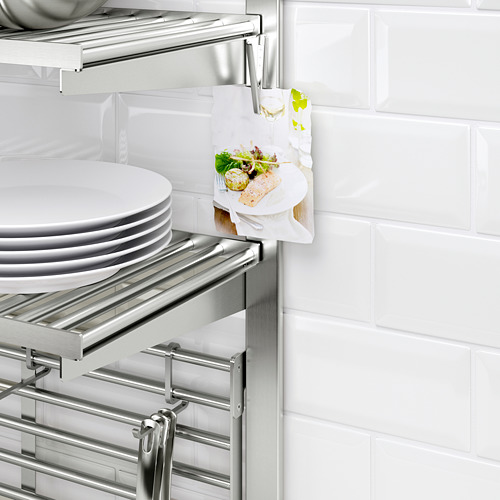 Estante para platos de metal con clips magnéticos que sostienen la toalla de papel y la receta.