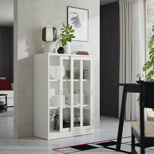 Expositor de armario TONSTAD blanco. Puertas de cristal, blanco roto, clásicas, modernas. Platos, vasos. Puertas correderas, diseño limpio.
