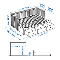 Ilustración de medidas - HEMNES Diván Twin con 3 gavetas, sin mattress