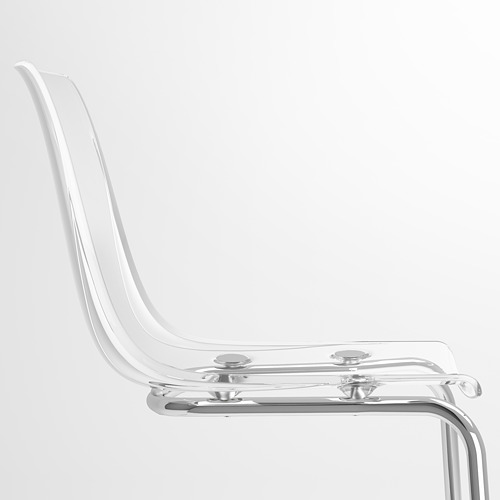 Silla de plástico transparente con patas cromadas, con un diseño elegante y una construcción robusta.