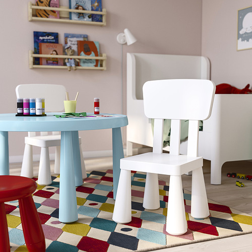 Zona de juegos infantiles con silla y mesa MAMMUT blanca, alfombra de colores. Libros y materiales de manualidades en la mesa, coche pequeño en el suelo.