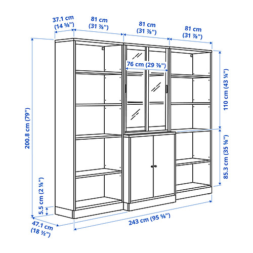 Measurement Illustration - TONSTAD storage with sliding glass doors