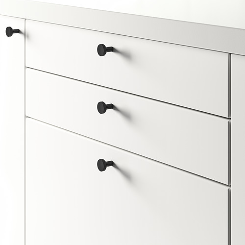 Cofre blanco con cuatro cajones, cada uno asegurado por pomos negros, adecuado para varios grosores de puertas.