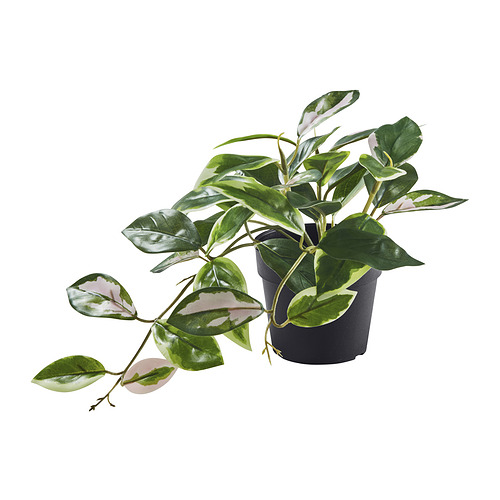 FEJKA potted artificial plant, green with pink leaves, recycled materials.