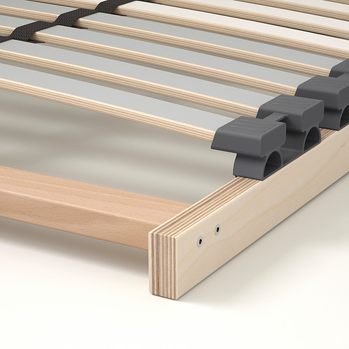 Un somier de madera de alta calidad con listones curvos para mejorar el soporte y la comodidad. Los clips de plástico oscuro aseguran los listones.