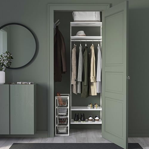 JONAXEL: organizador de armario compacto, diseño elegante en blanco metal, que sostiene la ropa de forma ordenada en un espacio pequeño, ideal para un almacenamiento ordenado.