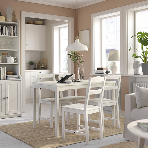 Silla de comedor de madera HAUGA blanca con respaldo de escalera. Parte de un conjunto simple y resistente. Perfecto para espacios compactos.