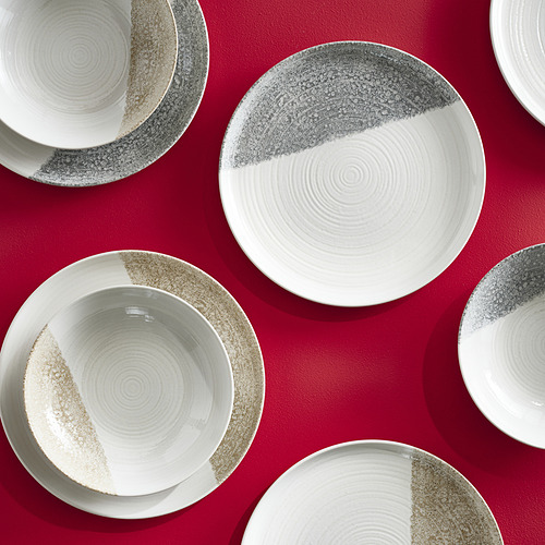 Placas KRUSTISTEL: diseño rústico moderno colorblock en blanco/gris, gres, efecto inmersión, esmalte texturizado, tamaño medio.