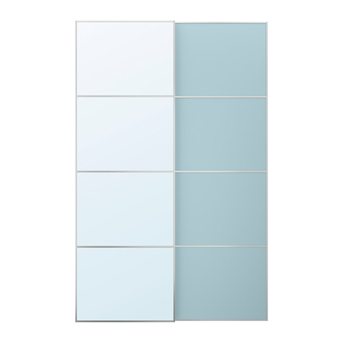 MEHAMN/AULI: sliding door pair, white & light blue panels, glass, and aluminum, modern design.