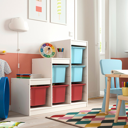 Almacenamiento TROFAST, blanco, madera y plástico, rectangulares, contenedores de colores; Se adapta al espacio de los niños, tamaño: pequeño.