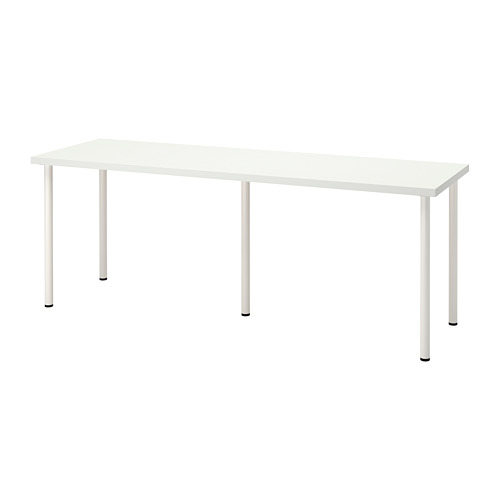 Escritorio blanco LAGKAPTEN: tablero rectangular ligero, cuatro patas blancas, pies ajustables y diseño robusto.