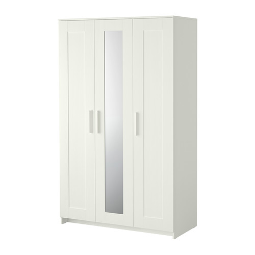 White BRIMNES wardrobe with mirrored door, panel design, adjustable shelves for space-saving storage.