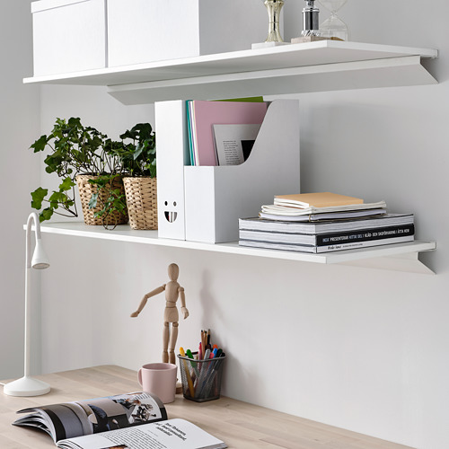 Estanterías blancas con libros, archivos, macetas, figura de madera, taza con bolígrafos.