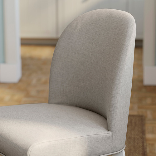 Close-up of ROSENTORP chair. Soft gray fabric, comfy foam, sturdy wood base.