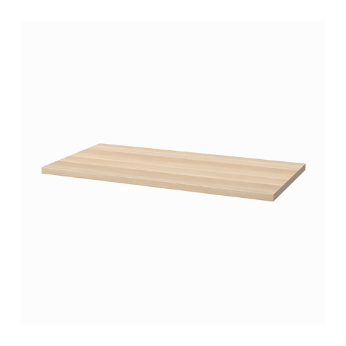 El tablero de la mesa LAGKAPTEN es de color miel claro, rectangular y está hecho de tableros de fibra con un acabado liso de madera.