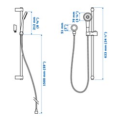 Measurement Illustration - VALLAMOSSE riser rail with hand shower/outlet