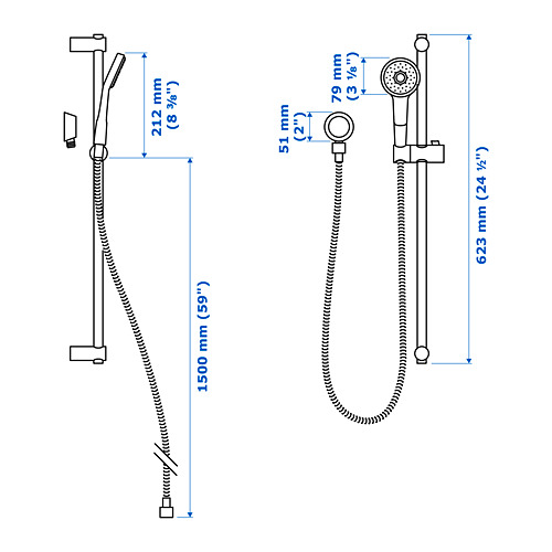 Measurement Illustration - VALLAMOSSE riser rail with hand shower/outlet