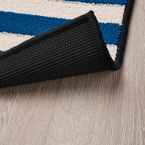 Alfombra de rayas azules y negras con respaldo antideslizante negro sobre suelo de madera.