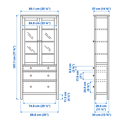 Measurement Illustration - HEMNES glass-door cabinet with drawers