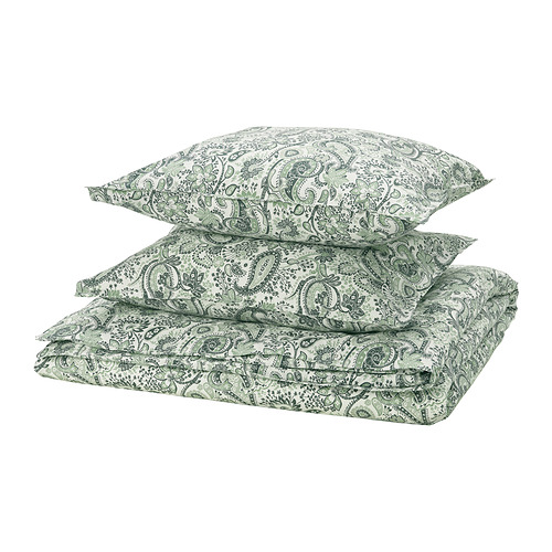 Juego de cama de cachemira verde RODGERSIA, blanco con detalles en verde, mezcla de algodón y viscosa.