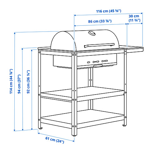 Measurement Illustration - GRILLSKÄR charcoal grill with side table