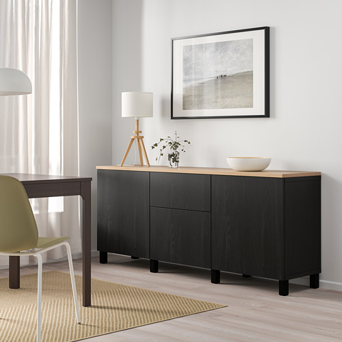 Habitación moderna con aparador BESTÅ y foto costera.