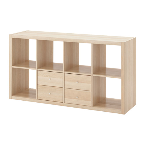 Wooden KALLAX shelf with drawers. Combines open & closed storage. Sleek, rectangular design. Perfect for organizing.