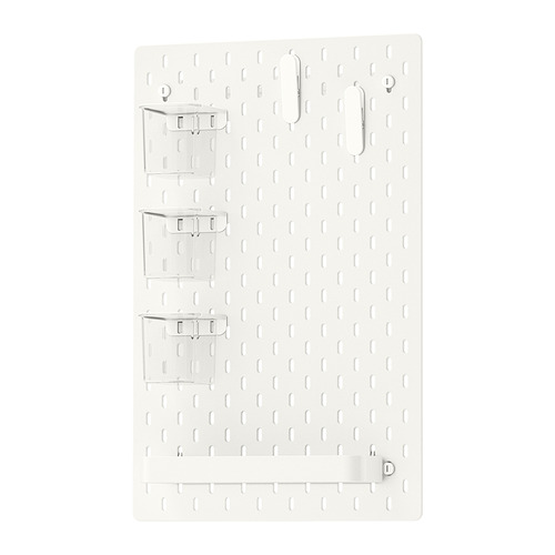Tablero perforado blanco SKÅDIS con contenedores transparentes y clips, forma rectangular, sistema de organización montado en la pared.