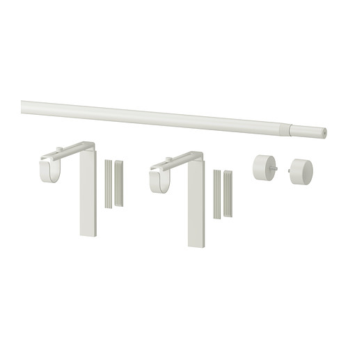 Kit de barras de cortina RÄCKA blancas con soportes y remates ajustables.
