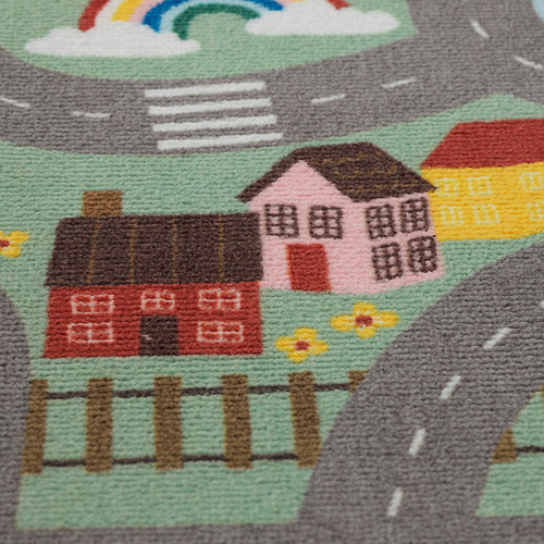 Alfombra vibrante y acogedora con diseños de casas divertidos, perfecta para el juego de los niños.