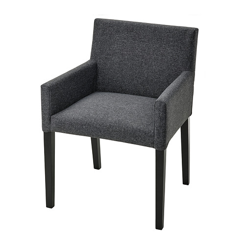 Silla tapizada gris oscuro con reposabrazos, forma rectangular, diseño limpio y moderno, cuatro patas rectas, tejido de fácil limpieza.