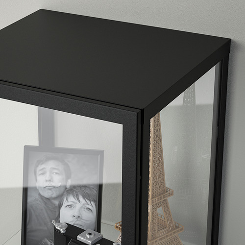 Mueble con puerta de cristal negro con foto y modelo, montado en la pared.